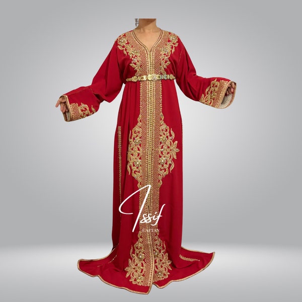 Caftan Rouge Élégant Perlé - Robe Traditionnelle Marocaine avec Perles Rouges - Caftan de Luxe Rouge -Tenue de Soirée Orientale
