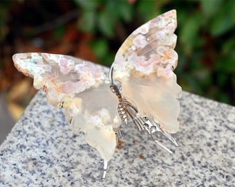 3.6&#39;&#39; Natural Hand carved carved Sakura agate Butterfly,Crystal collect,Quartz crystal,crystal butterfly,Crystal gift,Crystal healing
