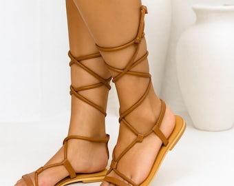 Handmade Brown Leather Gladiator Sandals: Lace Up Strappy Flat Summer Shoes for Women