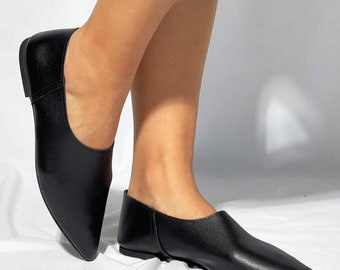 Black Leather Flats: Pointed Toe Slip-On Loafers, Handmade in Greece