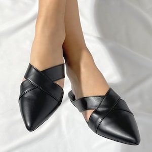 Black Leather Mules, Women's Pointed Leather Slides, Black Loafers, Leather Slip-On Flats, Leather Slippers - Perfect Gift for Her, S20B