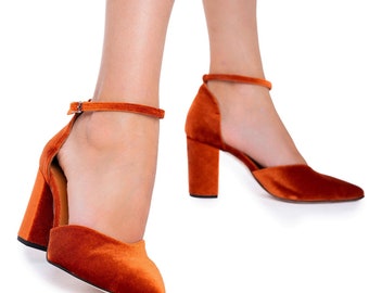 Burnt Orange Velvet Bridal Pumps: Handmade Block Heel Ankle Strap Shoes