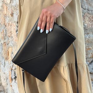 Leather Clutch Bag – Handmade Envelope Purse – Genuine Leather Cowhide – Detachable Strap – Minimalist Evening Clutch – Milos Design