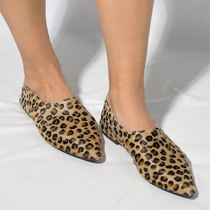 Leopard Print Leather Flats: Handmade Pointed Toe Slip-Ons