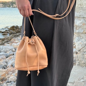 Leather Bucket Bag – Small Drawstring Pouch – Shoulder Bag for Women – Handmade in Greece