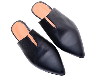 Mules classiques en cuir noir • Meilleur cadeau pour maman • Chaussures d'été à talons bas • Chaussures de style bohème • M11