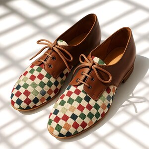 Colorful Leather Oxford Shoes: Women’s Checkered Lace-Up Flats, Handmade