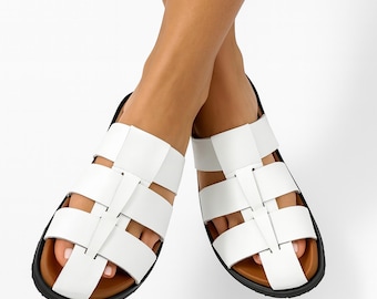 Sandalias de pescador de cuero blanco: zapatos planos de verano estilo gladiador griego