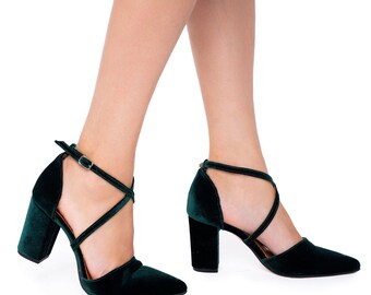 Dark Green Velvet Block Heel Pumps: Crisscross Bridal Shoes