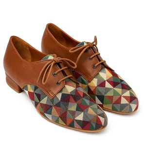 Retro Brown Leather Oxford Shoes: Colorful Fabric, Handmade in Greece