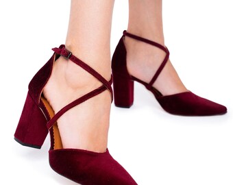 Burgundy Velvet Block Heel Bridal Shoes: CrissCross Strap Wedding Pumps