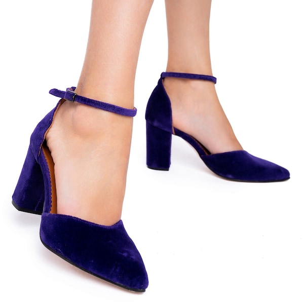 Ladies Bridal Shoes • Dark Purple Velvet Wedding Shoes by MavinLeatherShop • Block Heel Bridal Shoes • Velvet Ankle Strap Pumps • V64