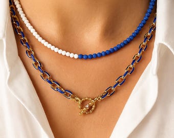 Gold Chunky Chain & Blue Beaded Choker Necklace Set