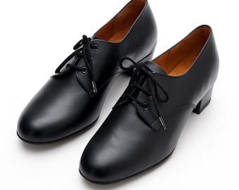 Black Leather Oxford Shoes: Handmade Brogue Style for Women