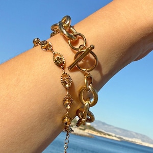 Chunky Gold Stainless Steel Bracelet Set: Twisted Rope Chain & Zircon Link