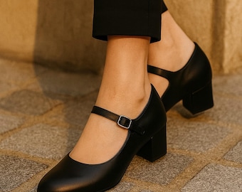 Retro Style Full Grain Black Leather Pumps: Mary Jane Heels Shoes