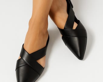 Black Leather Pointed Toe Mules: Handmade Slip-On Flats for Women, Fall Shoes