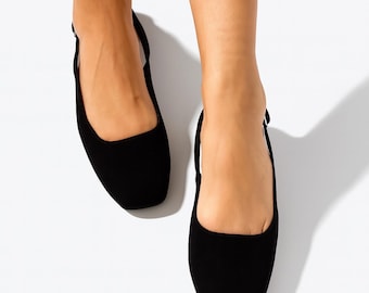 Handmade Black Suede Slingback Flats: Square Toe Leather Shoes for Women