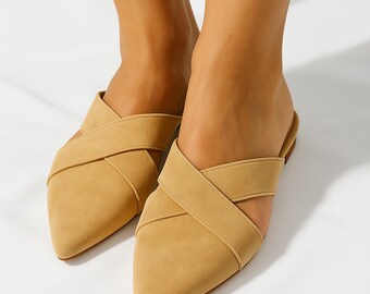 Beige Suede Pointed Toe Mules: Handmade Leather Slip-On Flats for Women