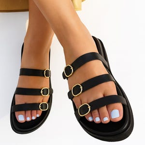 Handmade Leather Platform Sandals: Black Buckle Summer Shoes