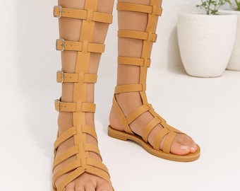 Ancient Greek Leather Gladiator Sandals: Women’s Knee High Summer Shoes