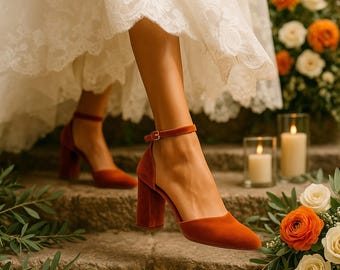 Burnt Orange Velvet Wedding Block Heels – Bridal Shoes with Ankle Strap