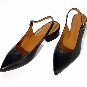 Leather Ballerinas, Slingback Flats, Women&#39;s Black Genuine Leather Shoes, Pointed Toe Flats, Handmade Leather Shoes, M12