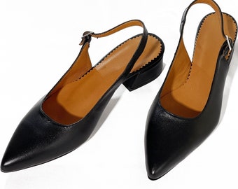 Handmade Leather Slingback Ballerinas: Women's Black Pointed Toe Flats