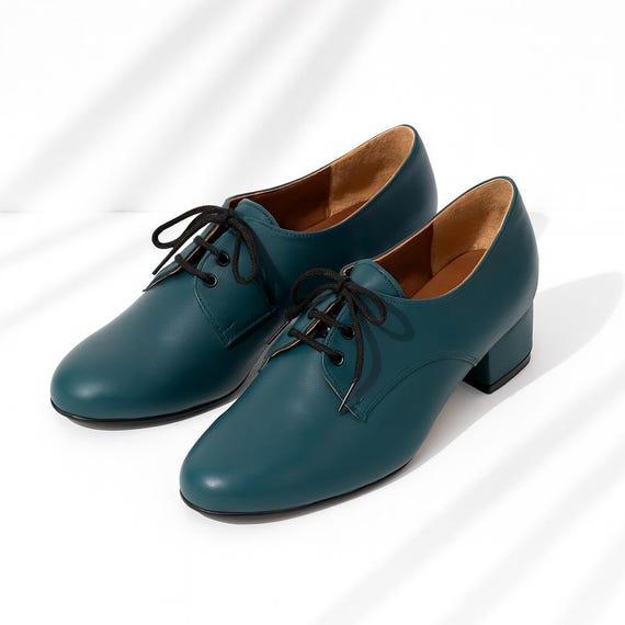 Teal Leather Oxford Shoes: Classic 3cm Heel, Handmade in Greece