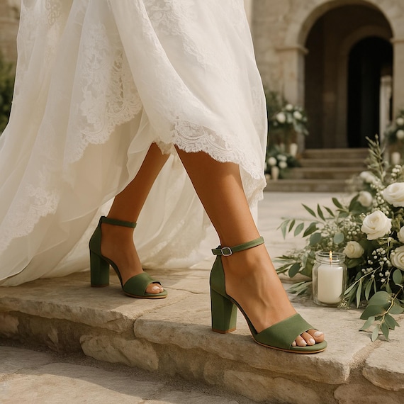 sage green women's dress shoes Olive Velvet Bridal Shoes, Block Heel Wedding Sandals, Handmade in Greece LSU TIGERS