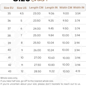 Size chart showing EU and US conversions with foot length measurements in centimeters to help customers choose the correct sandals size.