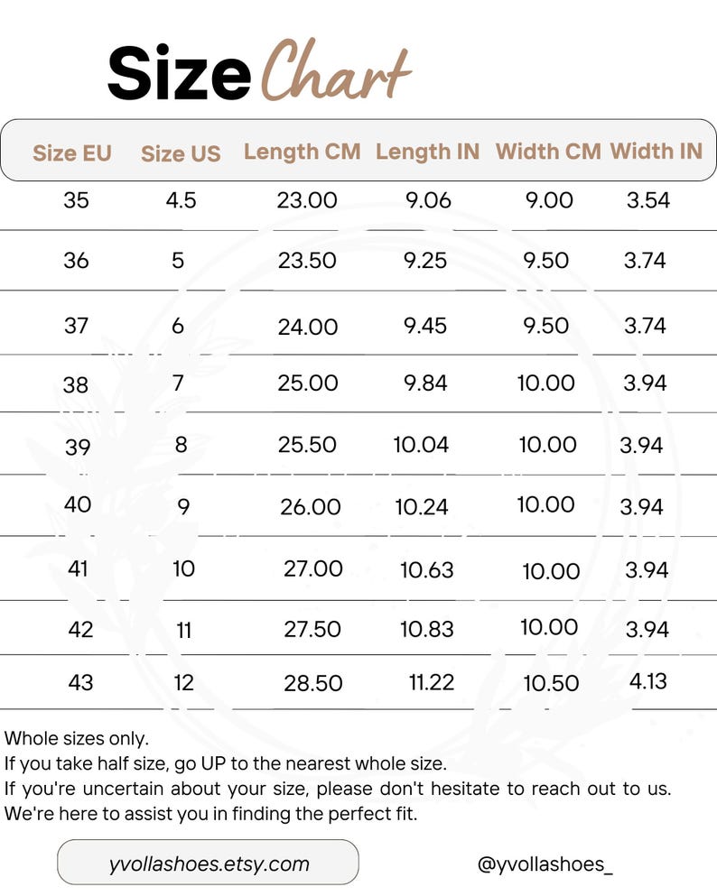 Size chart showing EU and US conversions with foot length measurements in centimeters to help customers choose the correct sandals size.