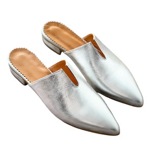 Silver Leather Mules - Stylish Leather Pointed Slides for Women, Chic Boho Footwear, Perfect Gift for Her, M12