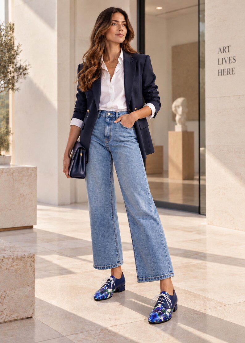 Blue floral Oxford shoes styled with jeans and navy blazer in a modern gallery.