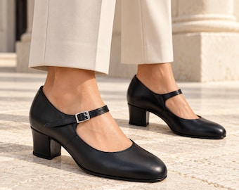 Black Leather Mary Jane Shoes, Handmade Full Grain Retro Pumps for Women