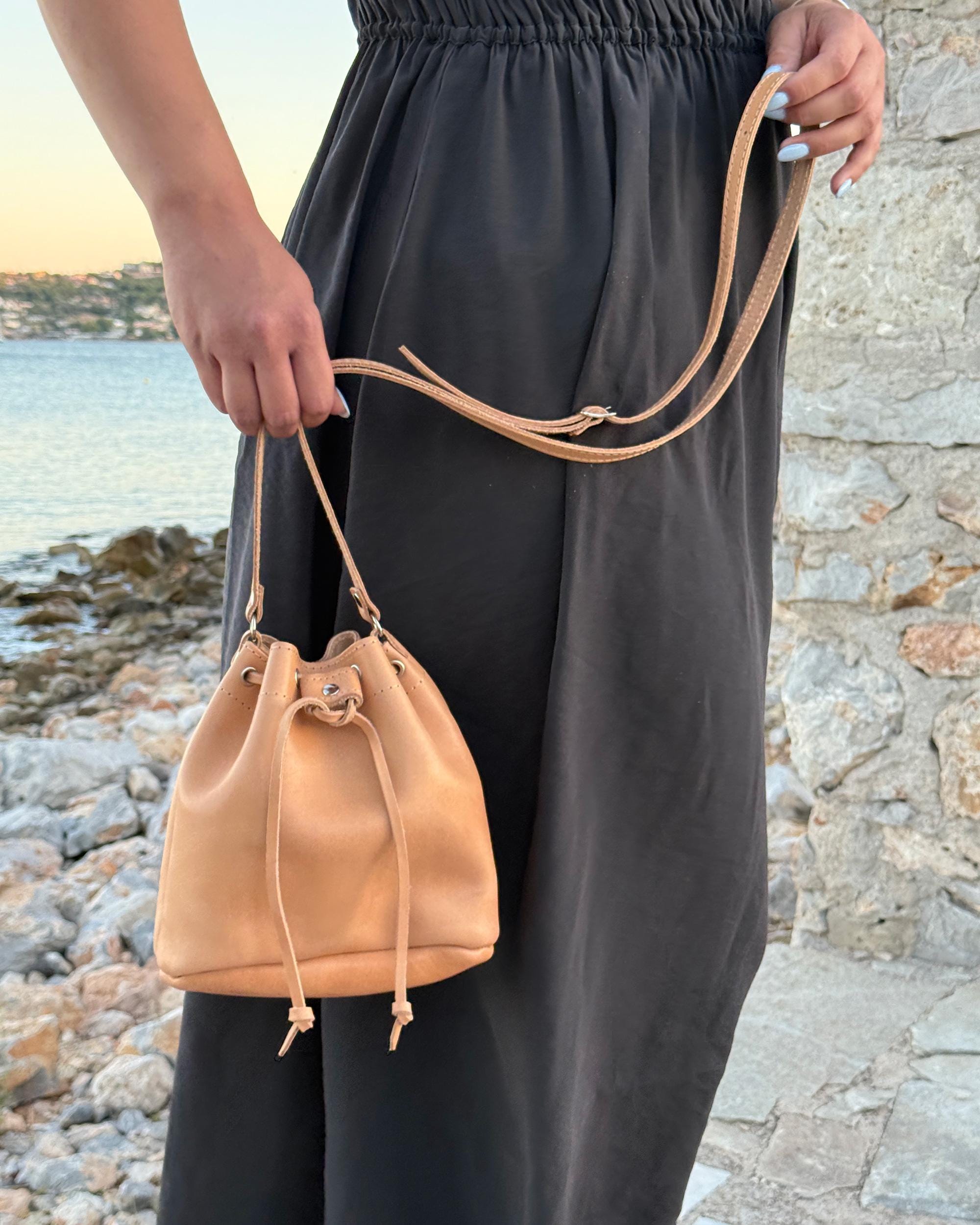 Leather Bucket Bag – Small Drawstring Pouch – Shoulder Bag for Women – Handmade in Greece