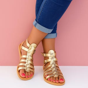 Fisherman Leather Sandals in GOLD: Greek Gladiator Summer Flats for Women