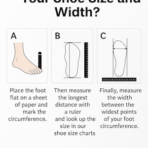 Measurement guide with instructions on how to measure foot length from heel to toe using a sheet of paper and ruler for accurate shoe sizing.
