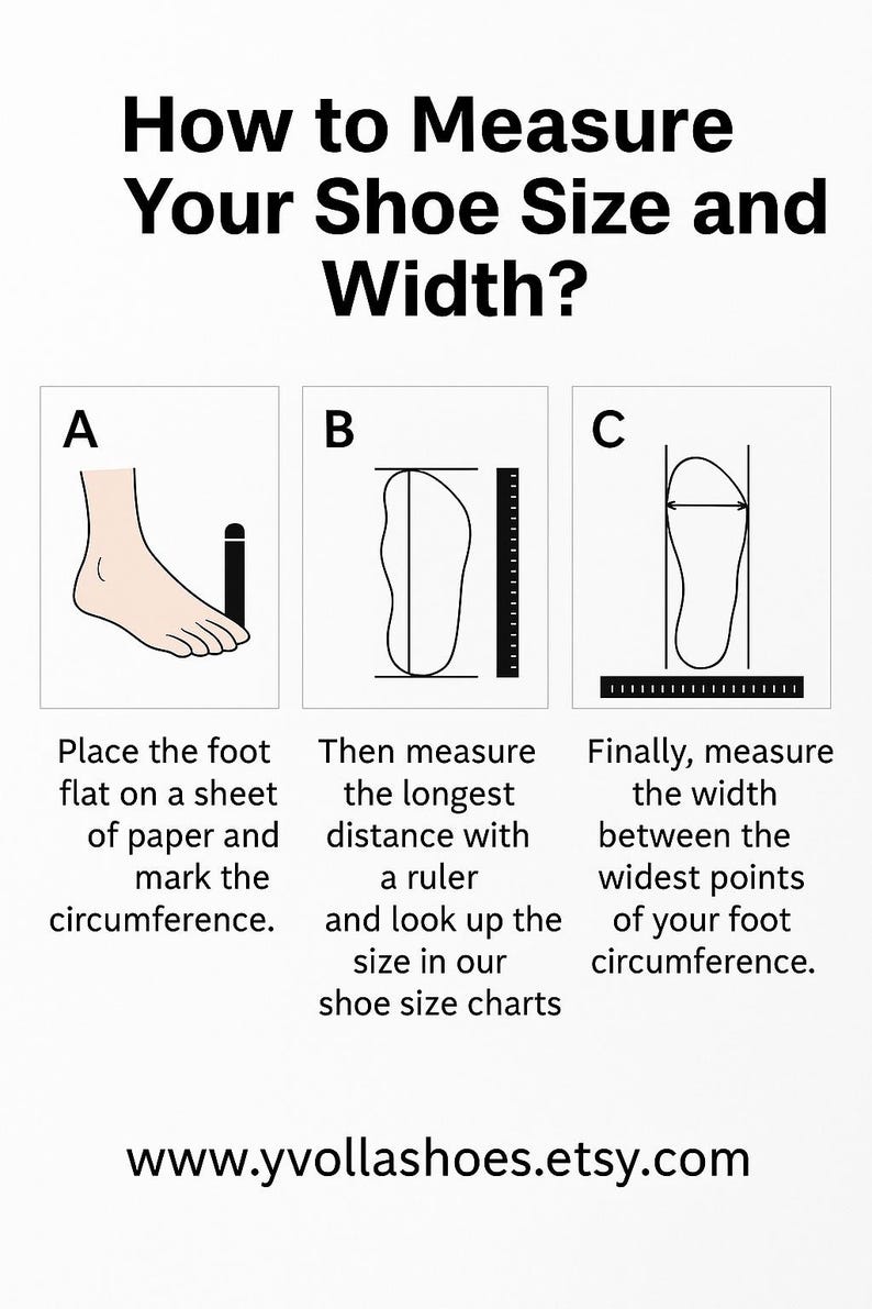 Measurement guide with instructions on how to measure foot length from heel to toe using a sheet of paper and ruler for accurate shoe sizing.