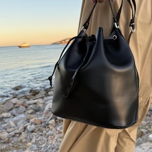 Leather Bucket Bag Large Crossbody – Leather Shoulder Bag for Women – Black Leather Handbag – Made in Greece from Genuine Cow Leather