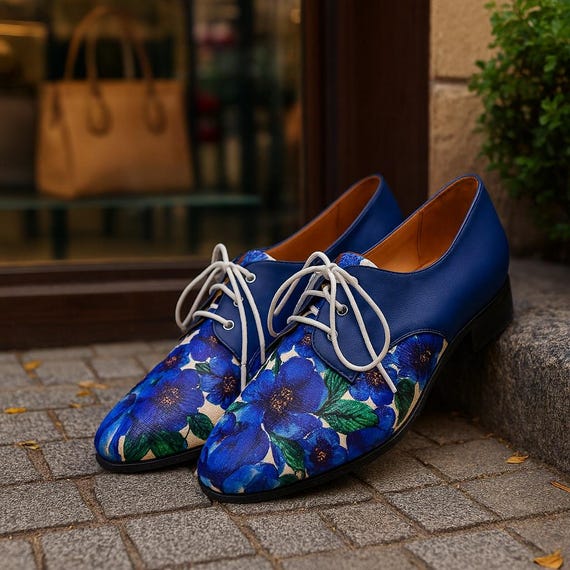 Blue Floral Leather Oxford Shoes: Handmade Lace-Up Flats for Women