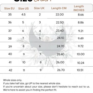 Size chart showing EU, US, and UK conversions with foot length measurements in centimeters for handmade Oxford shoes.