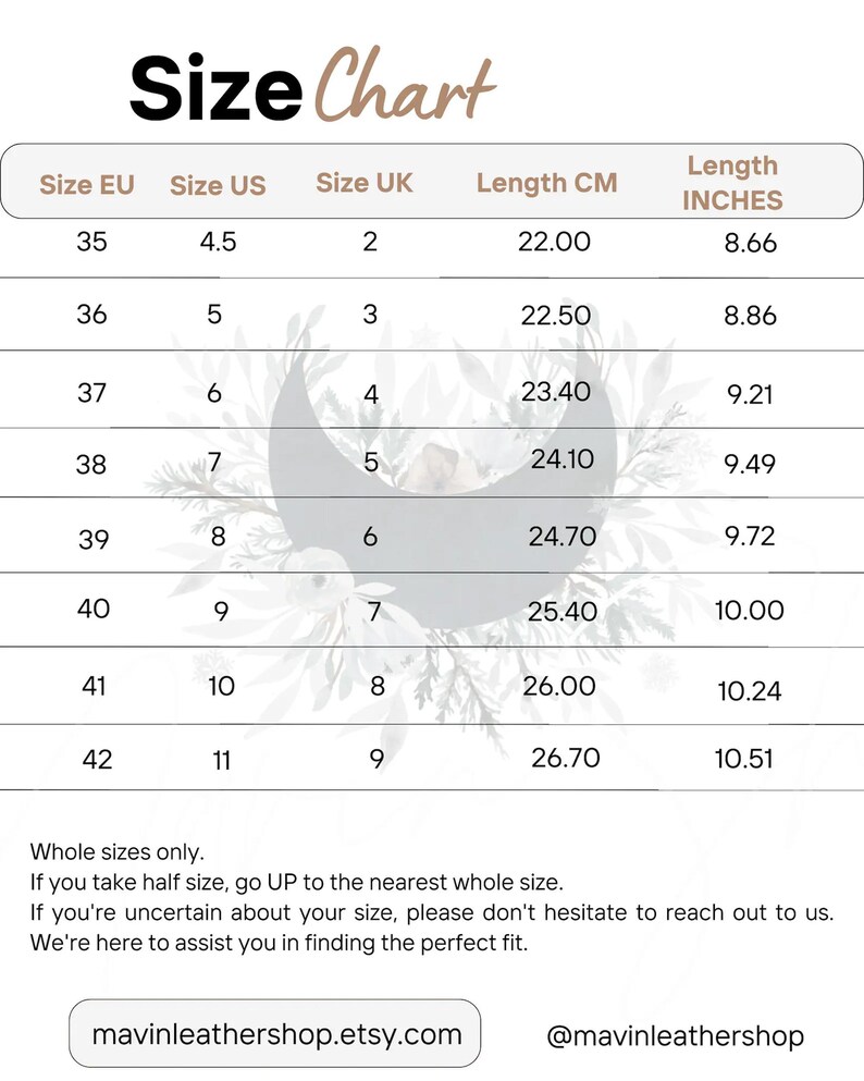 Size chart showing EU, US, and UK conversions with foot length measurements in centimeters for handmade Oxford shoes.
