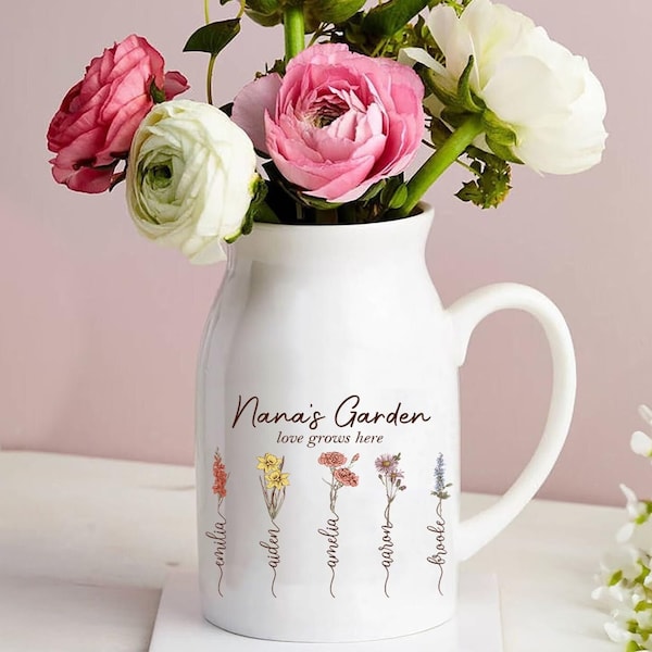 Custom Grandma Garden Birth Flower Vase, Personalized Grandma Birth Flower Vase, Gifts For Grandma, Gifts For Her, Mother's Day Gifts