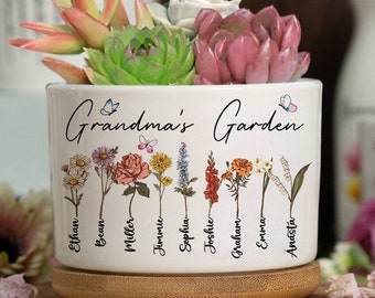 Personalisierter Blumentopf zur Geburt von Nana's Garden mit Gravur der Namen der Kinder, personalisierter Blumentopf für den Geburtsmonat, Blumenfamilie, Muttertagsgeschenk