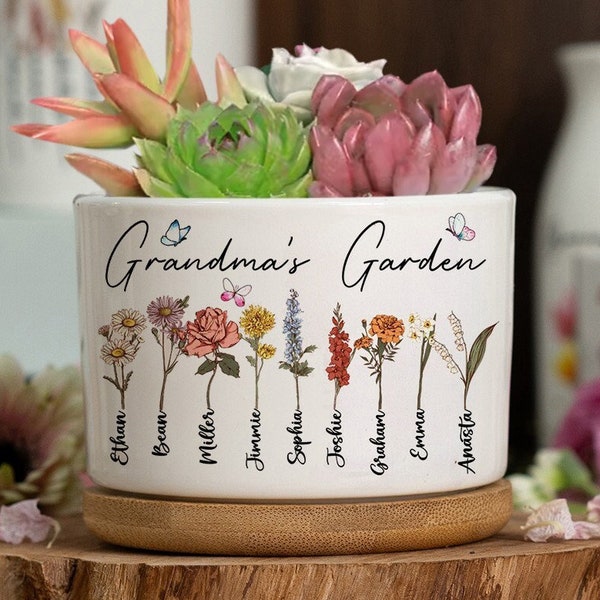 Personalisierter Blumentopf zur Geburt von Nana's Garden mit Gravur der Namen der Kinder, personalisierter Blumentopf für den Geburtsmonat, Blumenfamilie, Muttertagsgeschenk