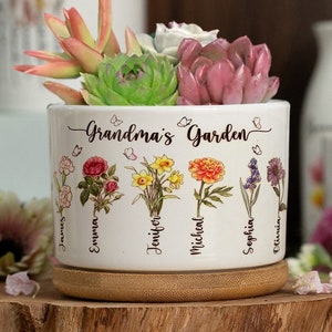 Custom Birth Month Flower Plant Pot, Personalized Grandma's Garden Plant Pot, Mother's Day Gifts, Gift For Her, Gifts For Nana Mimi Gigi image 1
