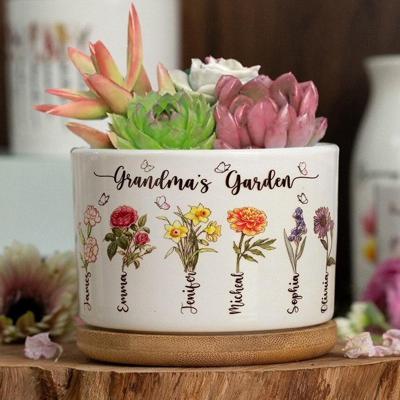 Custom Birth Month Flower Plant Pot, Personalized Grandma's Garden Plant Pot, Mother's Day Gifts, Gift For Her, Gifts For Nana Mimi Gigi image 1
