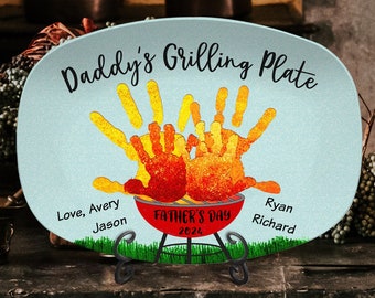 Handprint Custom Daddy's Grilling Platter With Name, Custom Plate For Father's Day Gift 2024, Plate For Daddy Grandpa, Gift For Dad From Kid