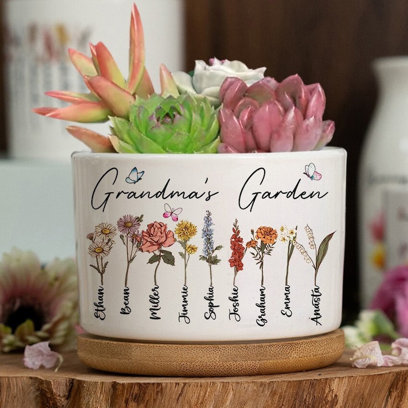 Personalized Nana's Garden Birth Flower Pot Engraved with Kids Names, Personalized Birth Month Flower Family Plant Pot, Mother's Day Gift image 1